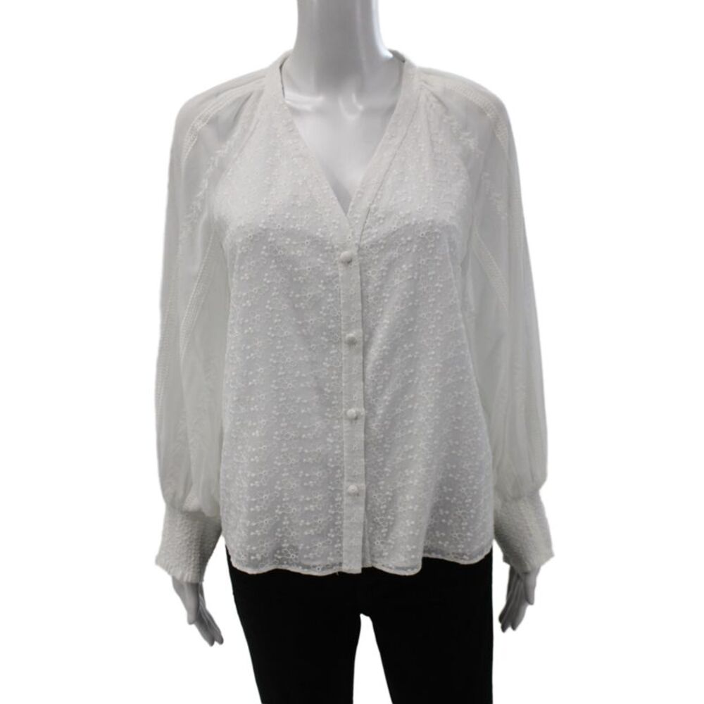 Alice + Olivia Womens Tunic Blouse White V-Neck Long Sleeve Button Size S